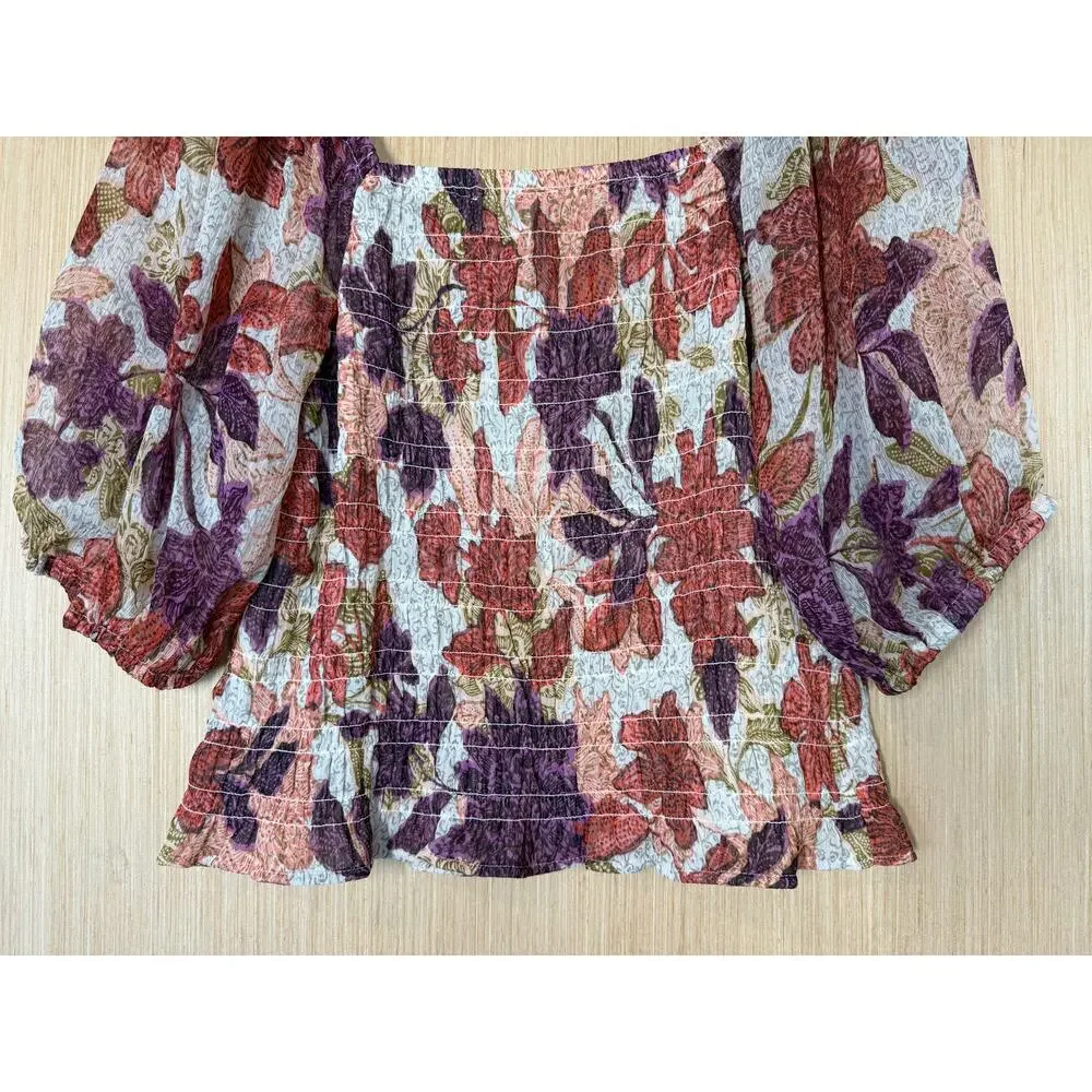 Old Navy Puff Sleeve Autumn Leaves Smocked Top Size Large Cottagecore Peasant